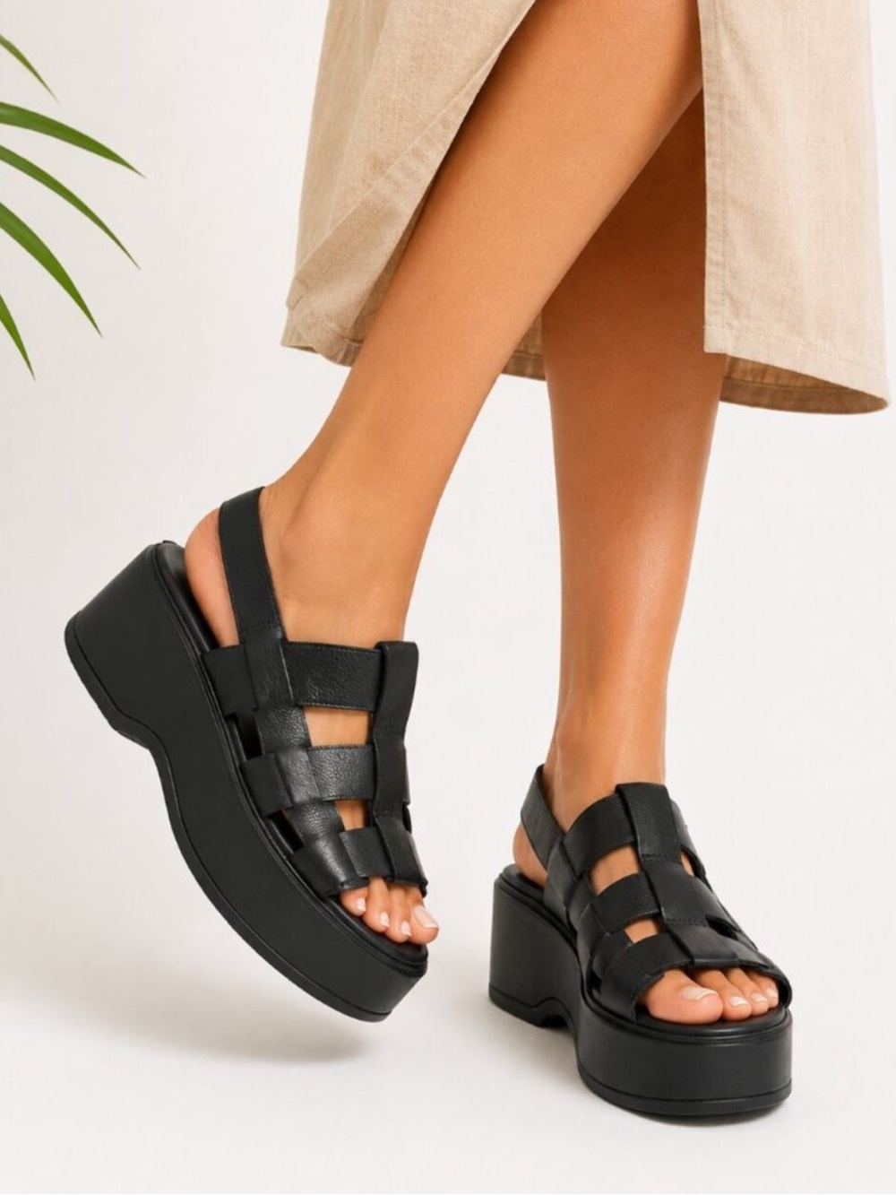 Sorel Dayspring Platform Black Leather Woven Slingback Sandals size 7.5